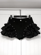 YUBABY Puffy Large Lace Wavy Layered Ruffle Gothic Mid Rise Women's Denim Skorts