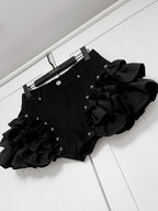 YUBABY Puffy Large Lace Wavy Layered Ruffle Gothic Mid Rise Women's Denim Skorts
