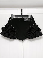 YUBABY Puffy Large Lace Wavy Layered Ruffle Gothic Mid Rise Women's Denim Skorts