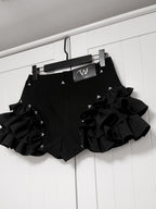 YUBABY Puffy Large Lace Wavy Layered Ruffle Gothic Mid Rise Women's Denim Skorts