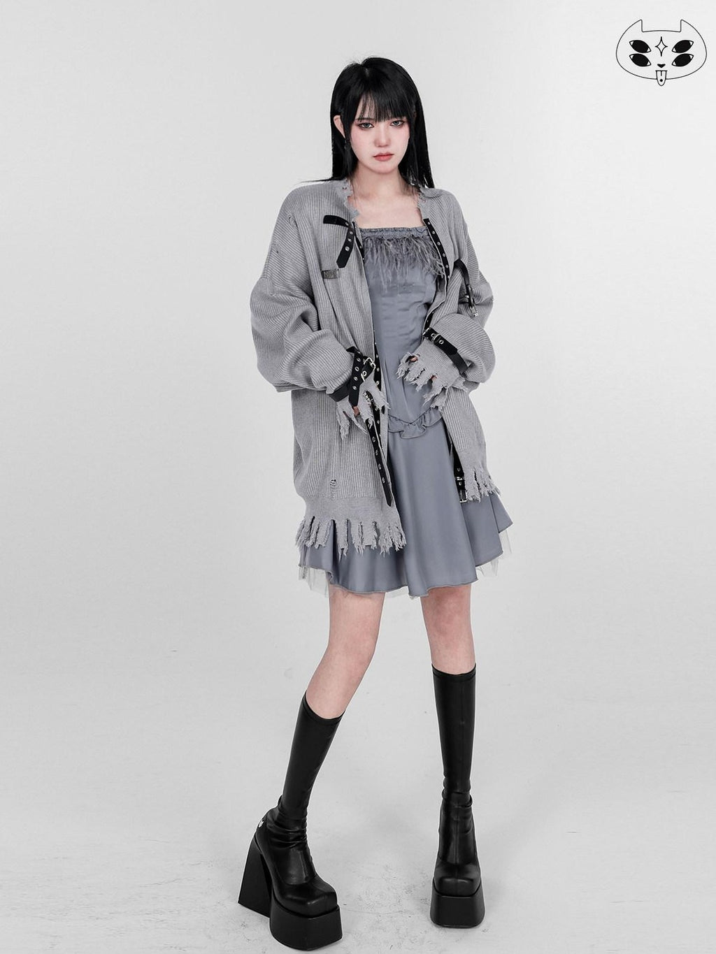 YUBABY Punk Distressed Ripped Irregular Belted Women's Cotton Blend Cardigans