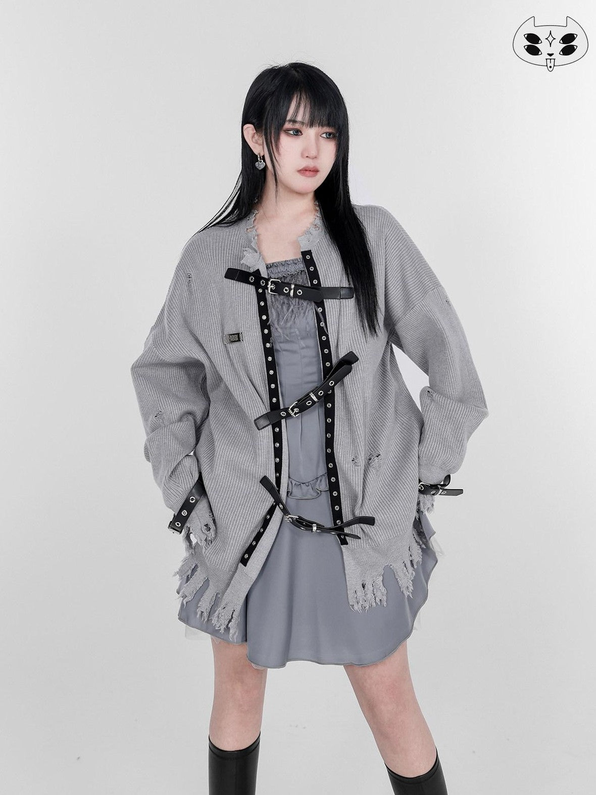 YUBABY Punk Distressed Ripped Irregular Belted Women's Cotton Blend Cardigans