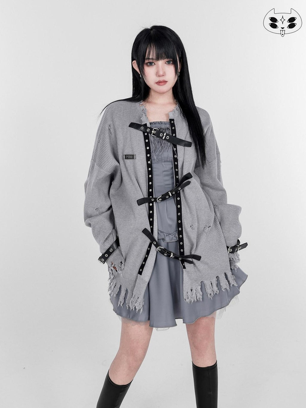 YUBABY Punk Distressed Ripped Irregular Belted Women's Cotton Blend Cardigans