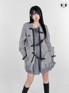YUBABY Punk Distressed Ripped Irregular Belted Women's Cotton Blend Cardigans