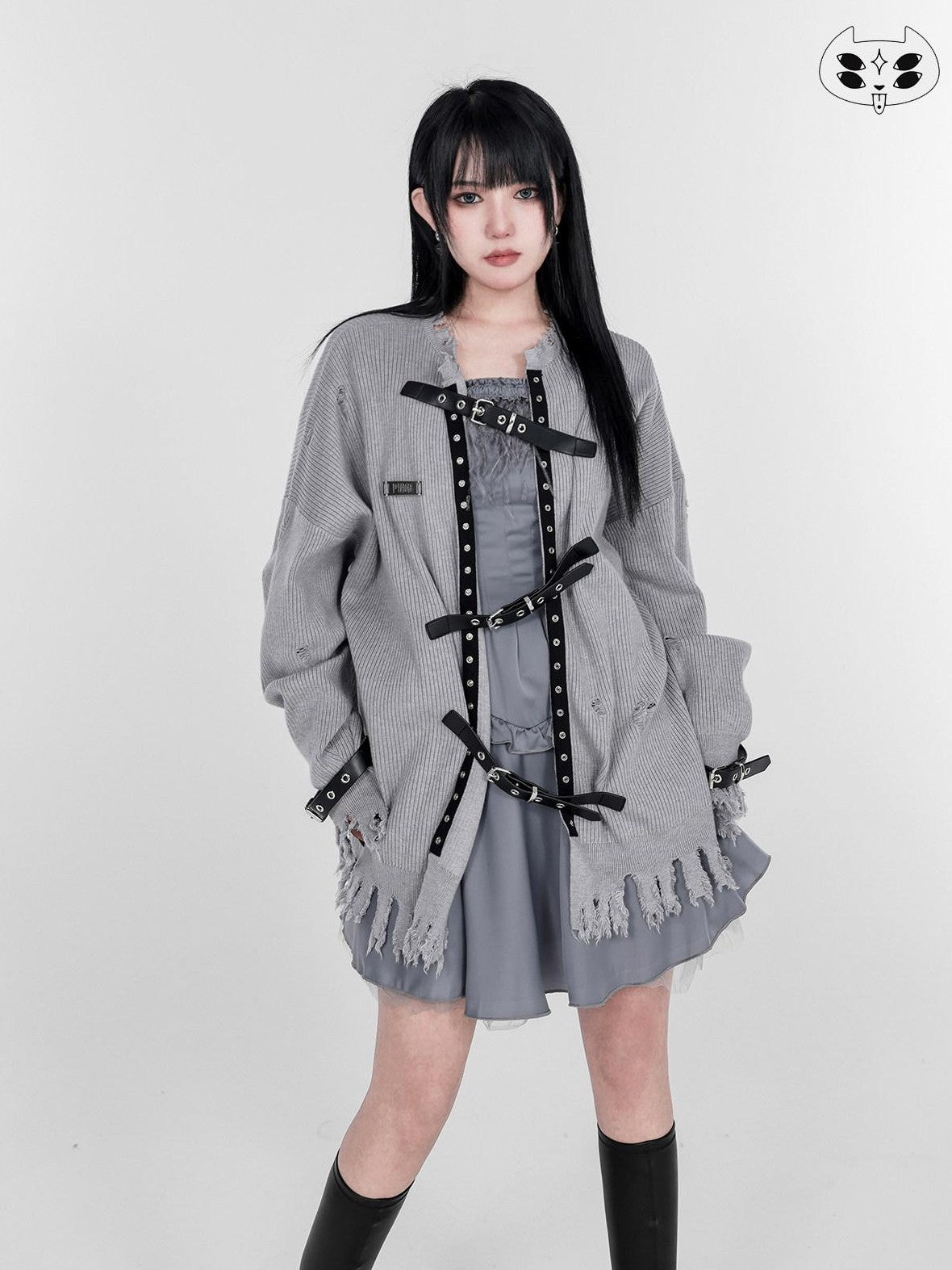 YUBABY Punk Distressed Ripped Irregular Belted Women's Cotton Blend Cardigans