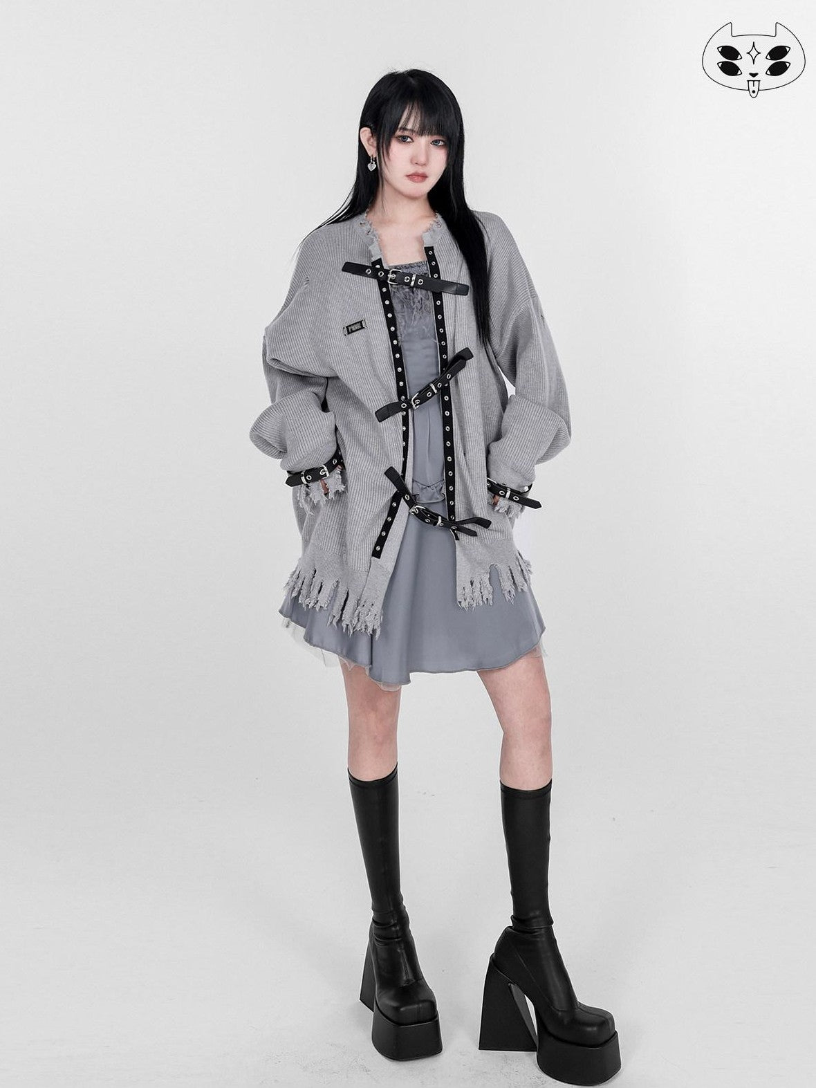 YUBABY Punk Distressed Ripped Irregular Belted Women's Cotton Blend Cardigans