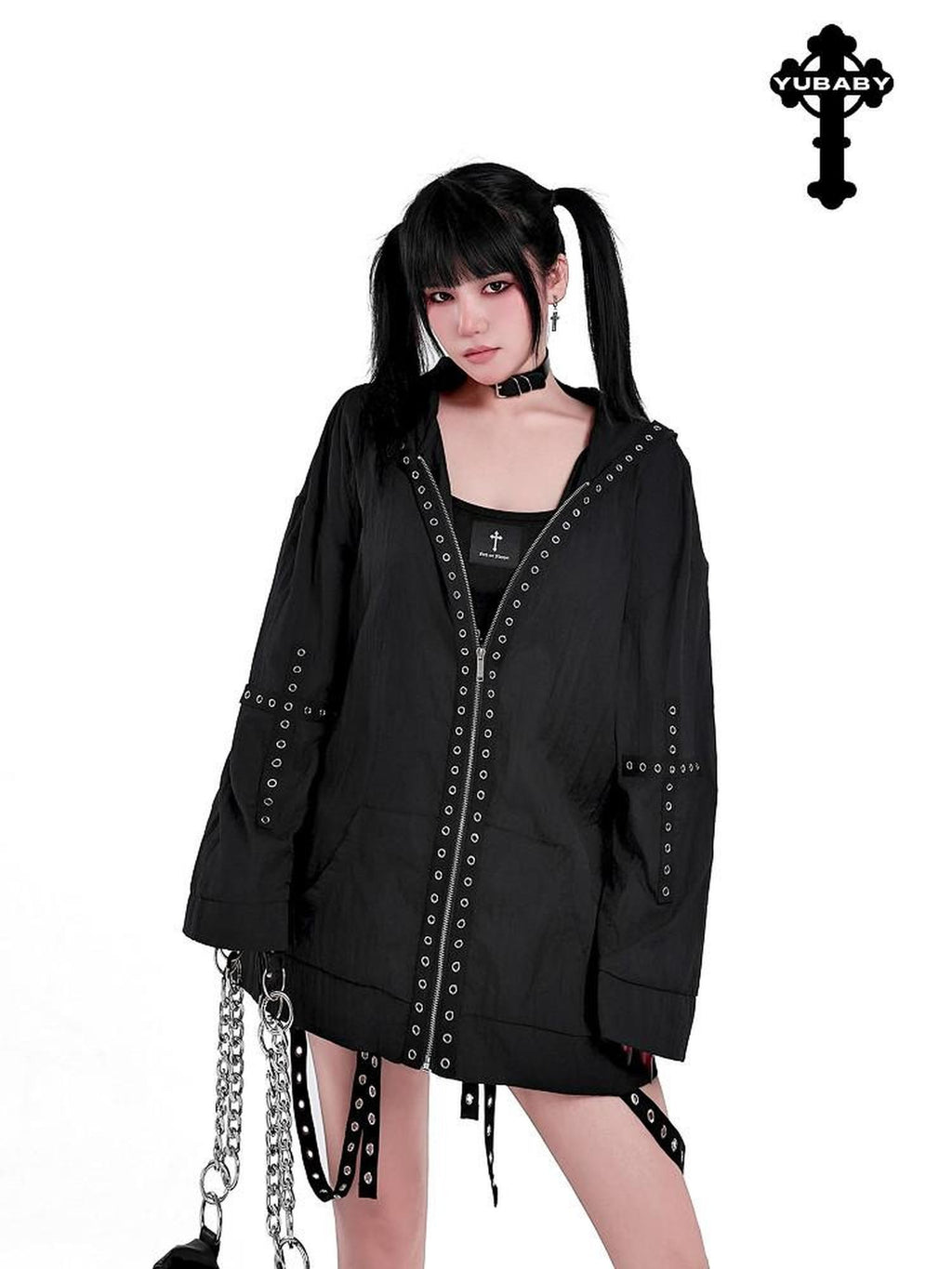 YUBABY Rabbit Ear Rock Cross Zip Hooded Lightweight Women's Polyester Blend Rash Guards