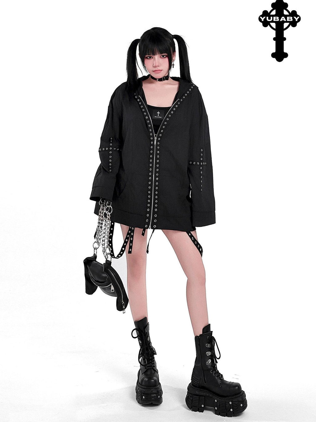 YUBABY Rabbit Ear Rock Cross Zip Hooded Lightweight Women's Polyester Blend Rash Guards