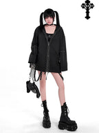 YUBABY Rabbit Ear Rock Cross Zip Hooded Lightweight Women's Polyester Blend Rash Guards