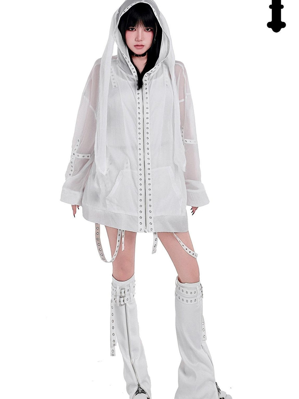 YUBABY Rabbit Ear Rock Cross Zip Hooded Lightweight Women's Polyester Blend Rash Guards