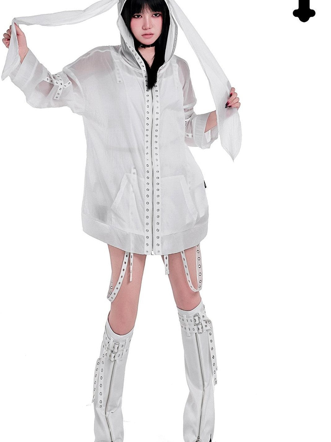 YUBABY Rabbit Ear Rock Cross Zip Hooded Lightweight Women's Polyester Blend Rash Guards