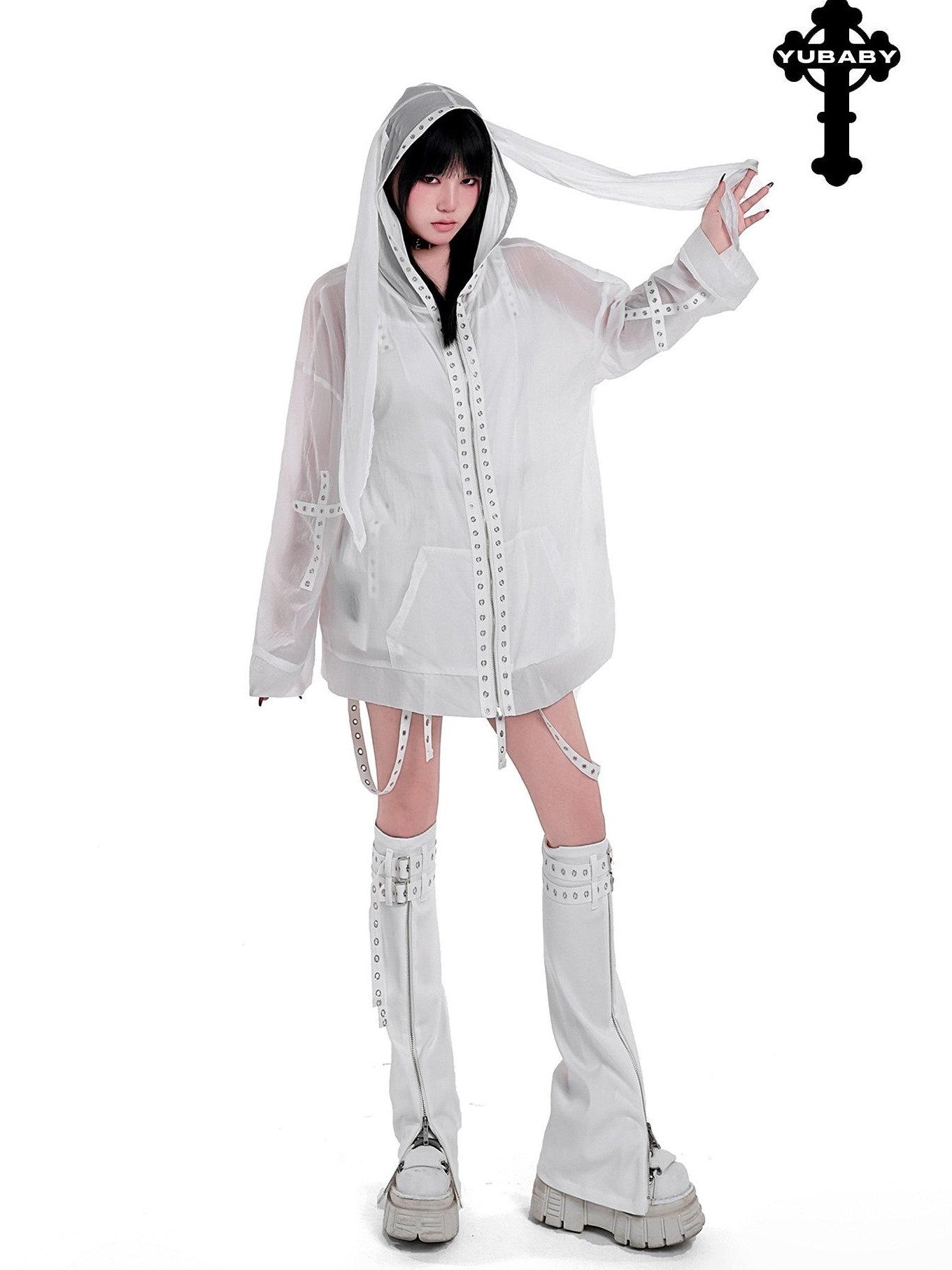 YUBABY Rabbit Ear Rock Cross Zip Hooded Lightweight Women's Polyester Blend Rash Guards