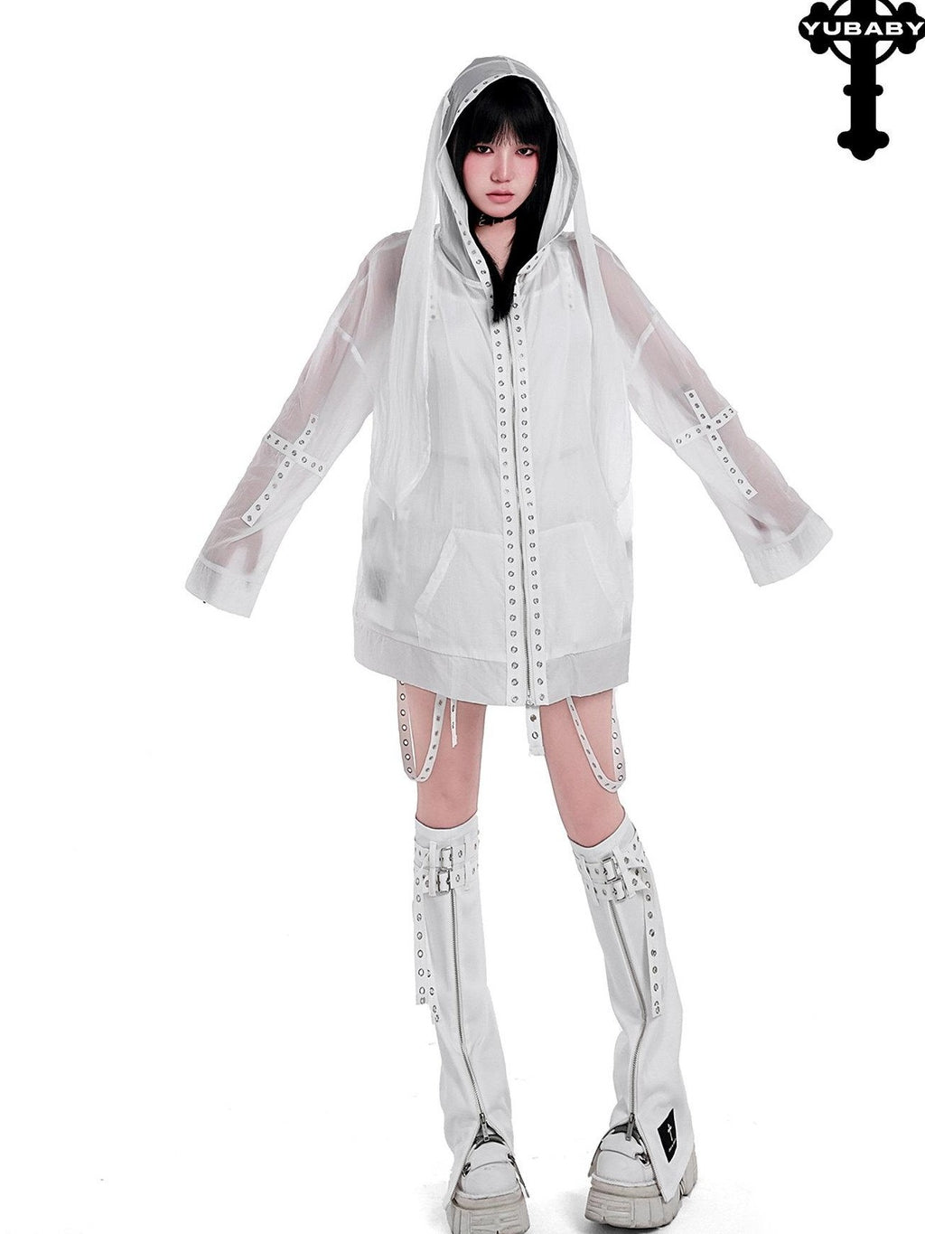 YUBABY Rabbit Ear Rock Cross Zip Hooded Lightweight Women's Polyester Blend Rash Guards