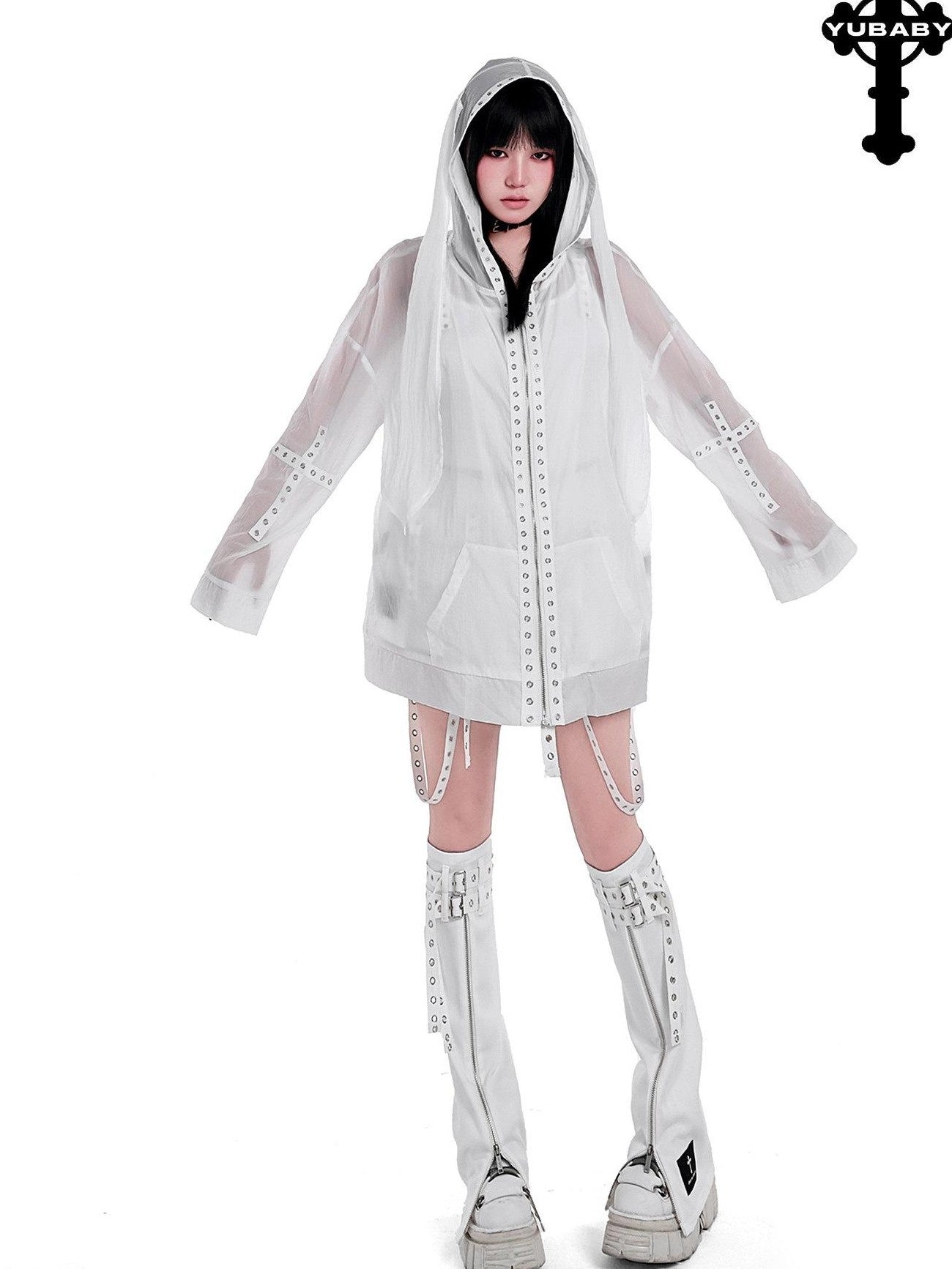 YUBABY Rabbit Ear Rock Cross Zip Hooded Lightweight Women's Polyester Blend Rash Guards