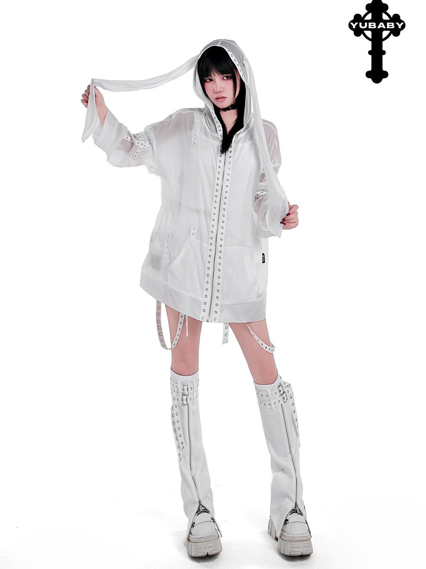 YUBABY Rabbit Ear Rock Cross Zip Hooded Lightweight Women's Polyester Blend Rash Guards
