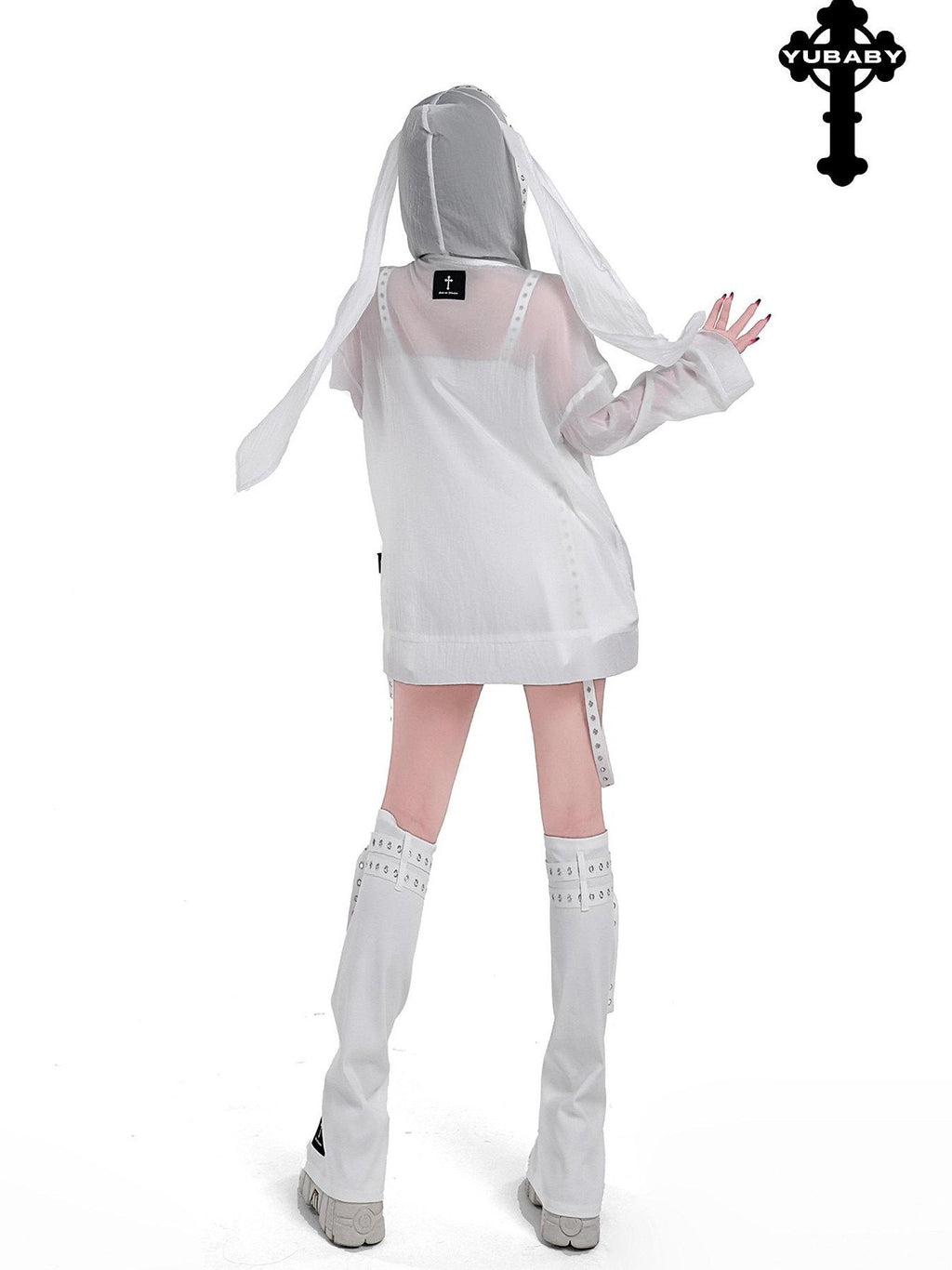 YUBABY Rabbit Ear Rock Cross Zip Hooded Lightweight Women's Polyester Blend Rash Guards