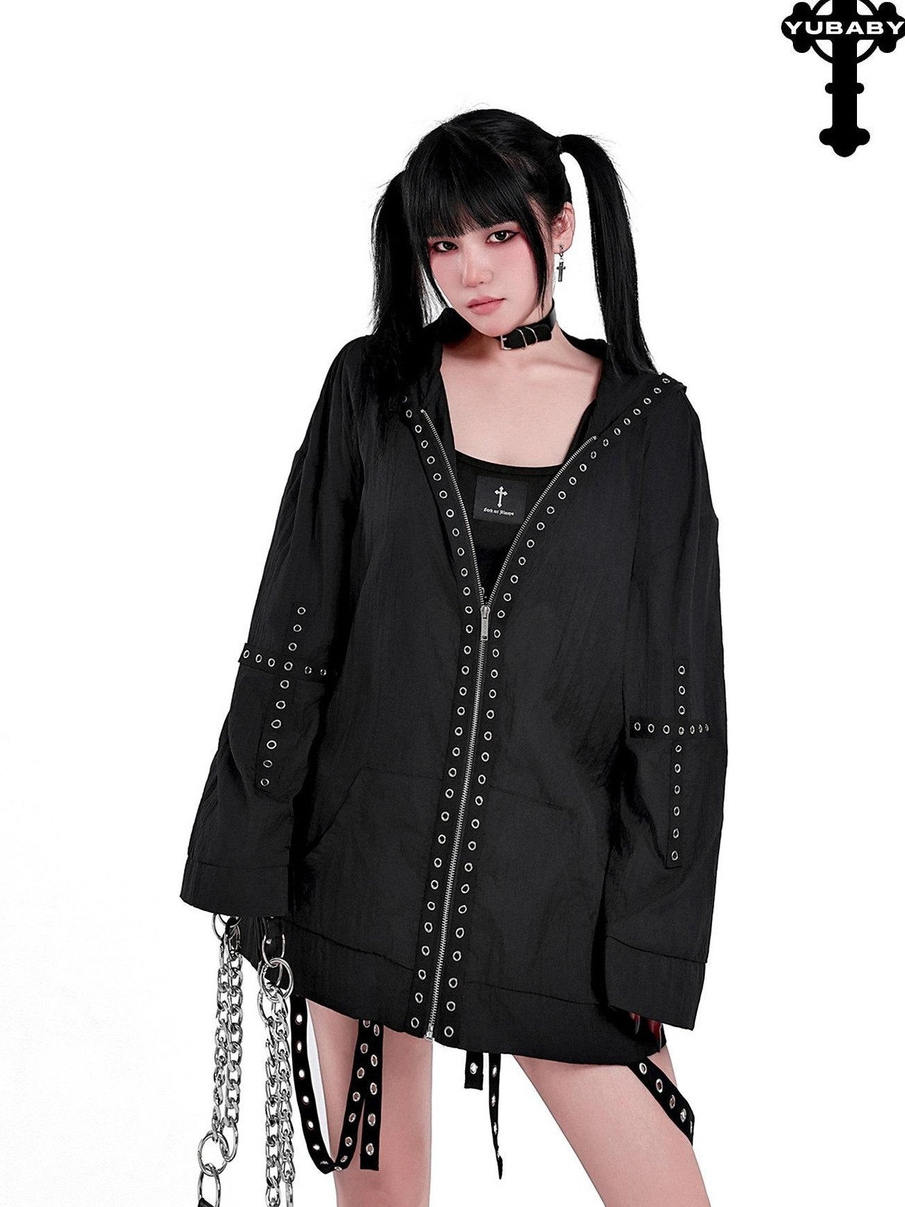 YUBABY Rabbit Ear Rock Cross Zip Hooded Lightweight Women's Polyester Blend Rash Guards