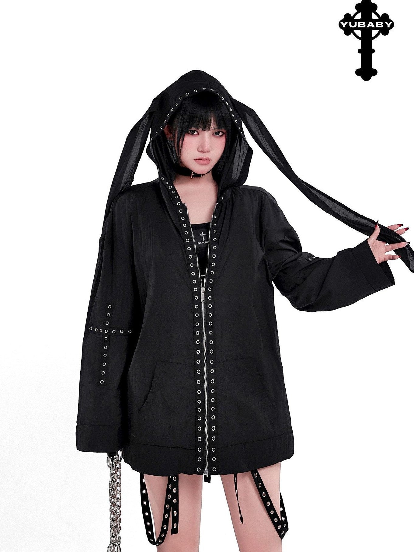 YUBABY Rabbit Ear Rock Cross Zip Hooded Lightweight Women's Polyester Blend Rash Guards