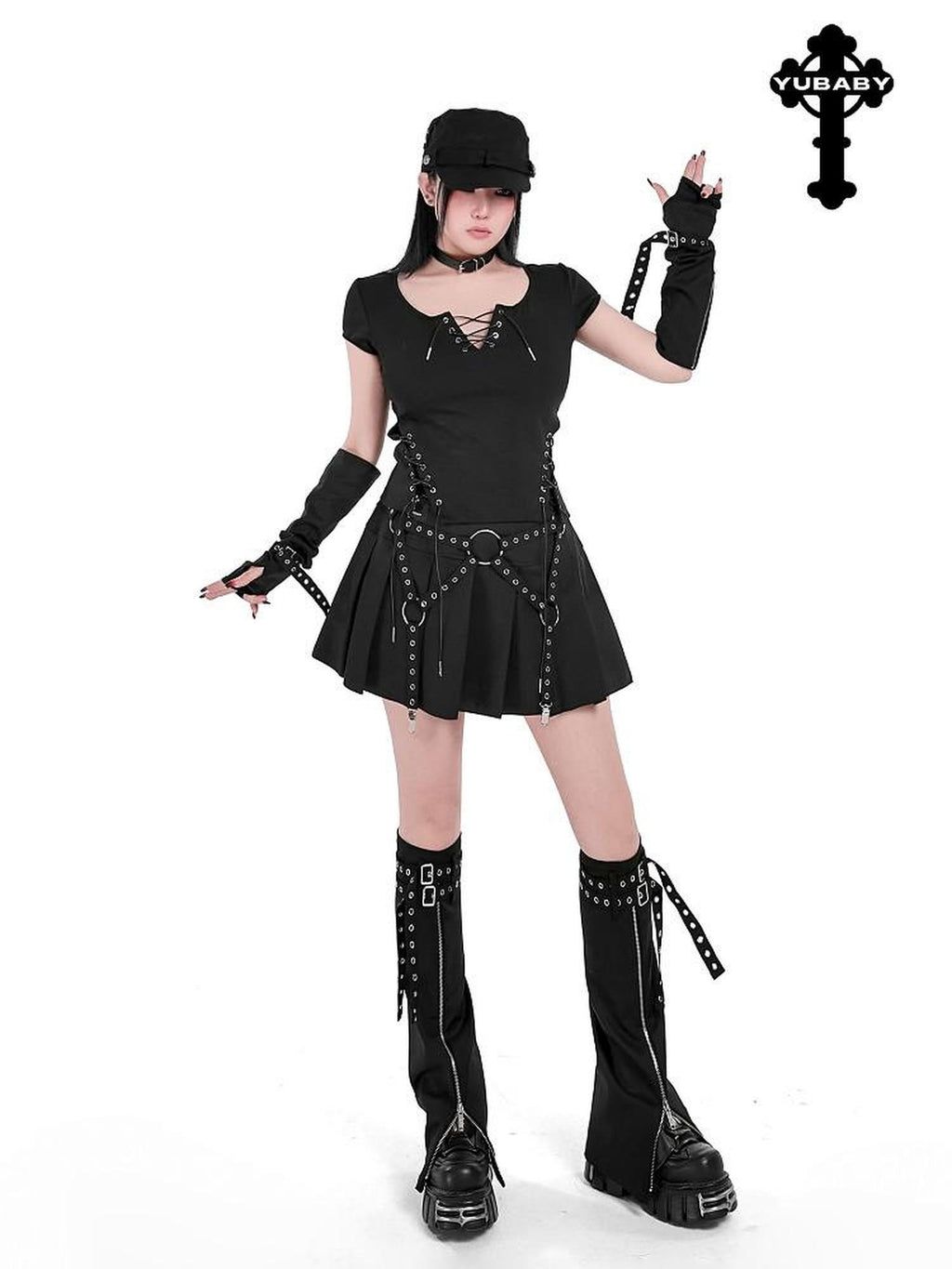 YUBABY Rebel Gothic Zipper Double Strap Flared Cross Emblem Women's Leg Warmers