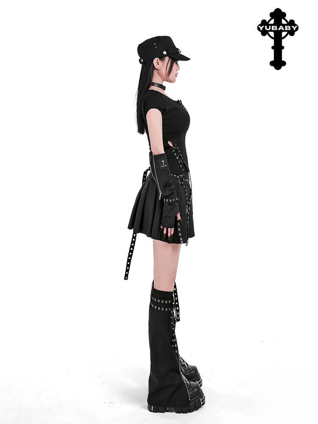 YUBABY Rebel Gothic Zipper Double Strap Flared Cross Emblem Women's Leg Warmers