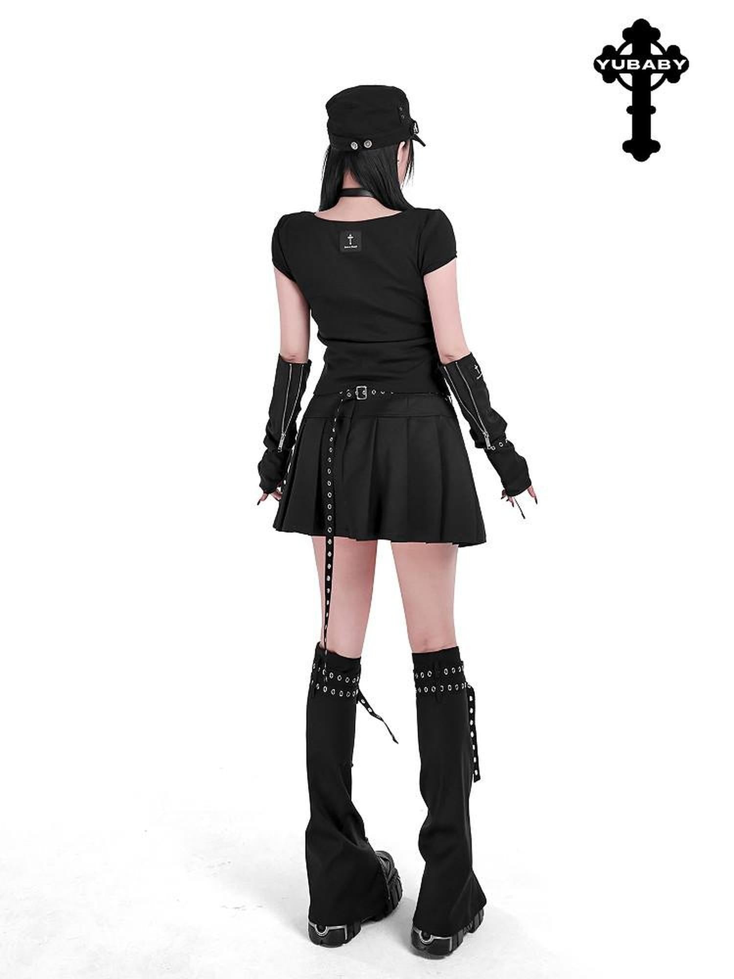 YUBABY Rebel Gothic Zipper Double Strap Flared Cross Emblem Women's Leg Warmers