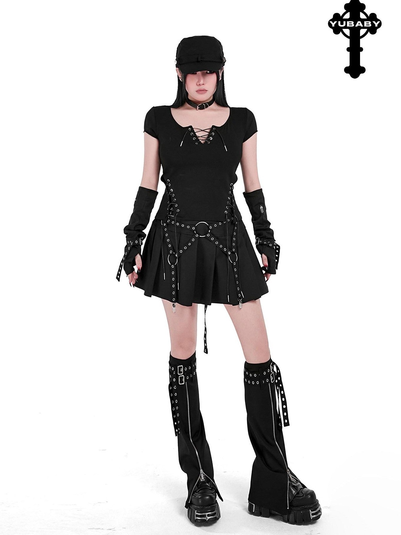YUBABY Rebel Gothic Zipper Double Strap Flared Cross Emblem Women's Leg Warmers