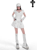 YUBABY Rebel Gothic Zipper Double Strap Flared Cross Emblem Women's Leg Warmers
