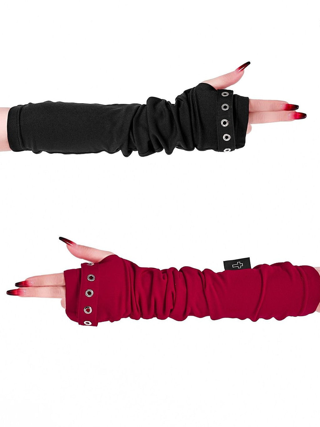 YUBABY Red Black Perforated Punk Mid Length Forearm Decorative Women's Gloves & Mittens