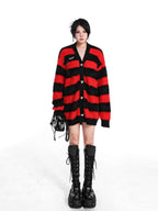 YUBABY Red Black Striped 3d Heart Metal Button Punk Women's Acrylic Blend Cardigans