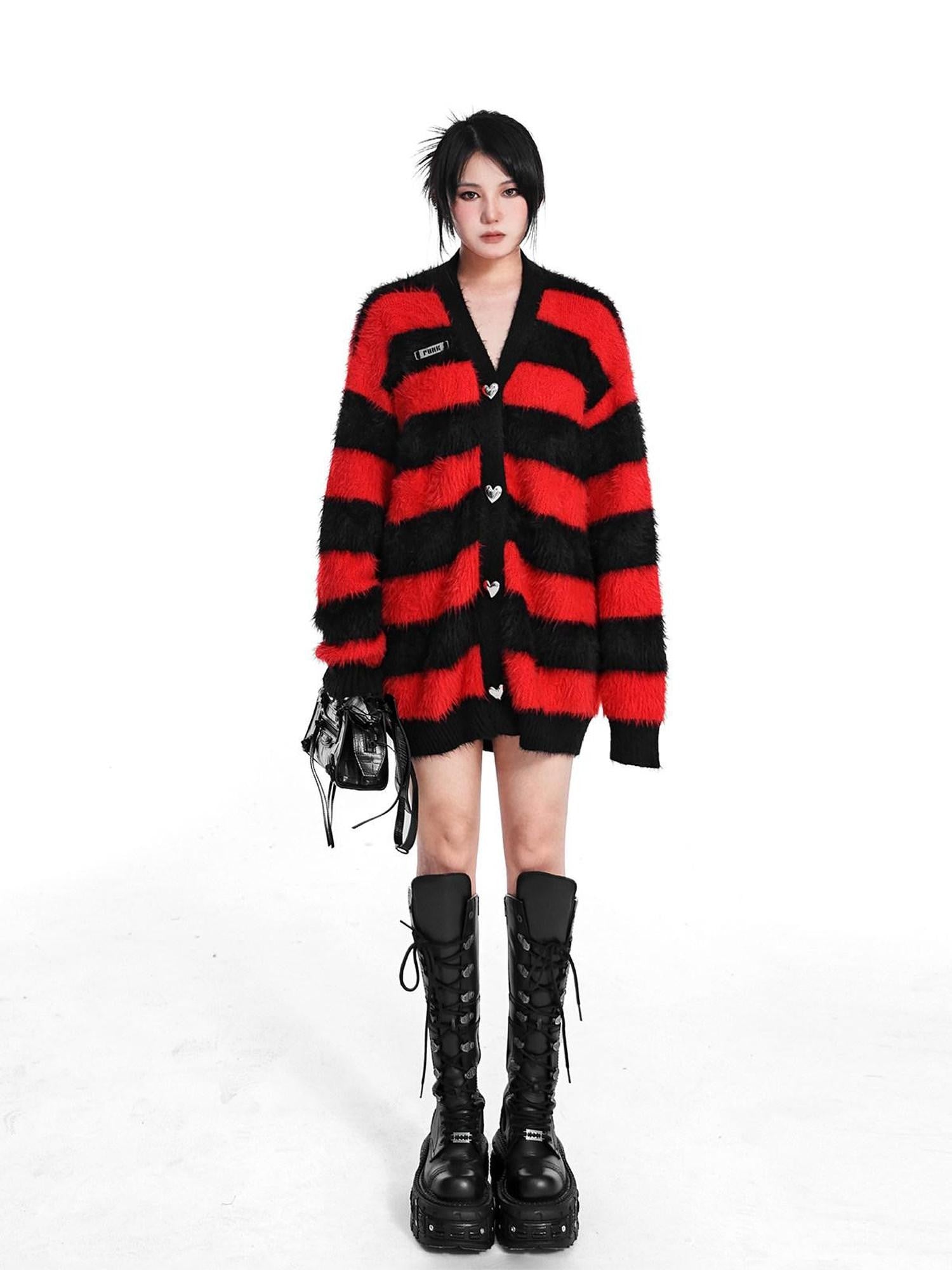 YUBABY Red Black Striped 3d Heart Metal Button Punk Women's Acrylic Blend Cardigans