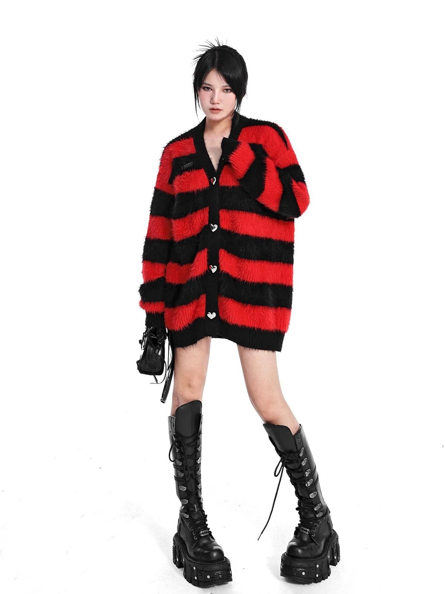 YUBABY Red Black Striped 3d Heart Metal Button Punk Women's Acrylic Blend Cardigans