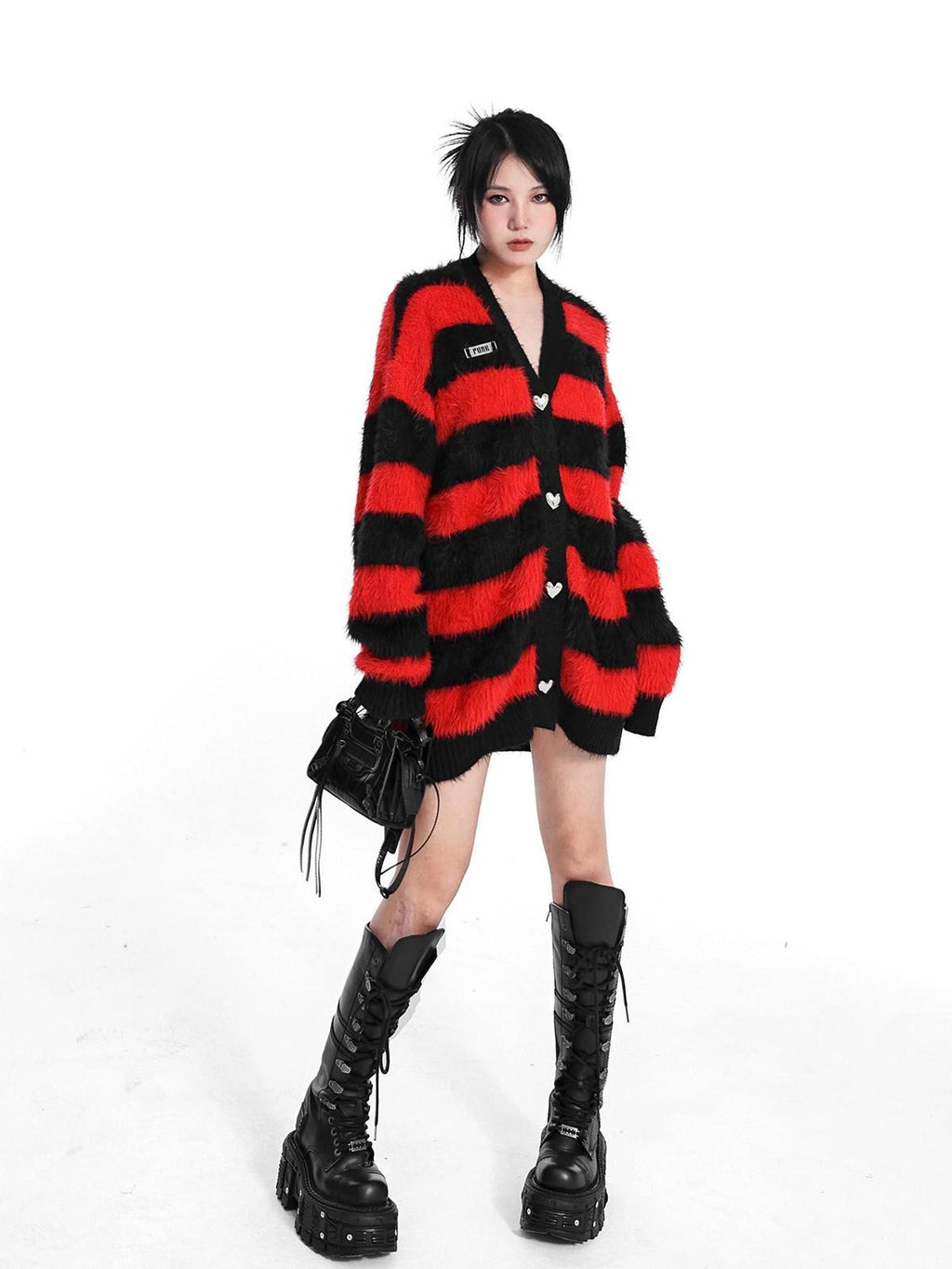 YUBABY Red Black Striped 3d Heart Metal Button Punk Women's Acrylic Blend Cardigans