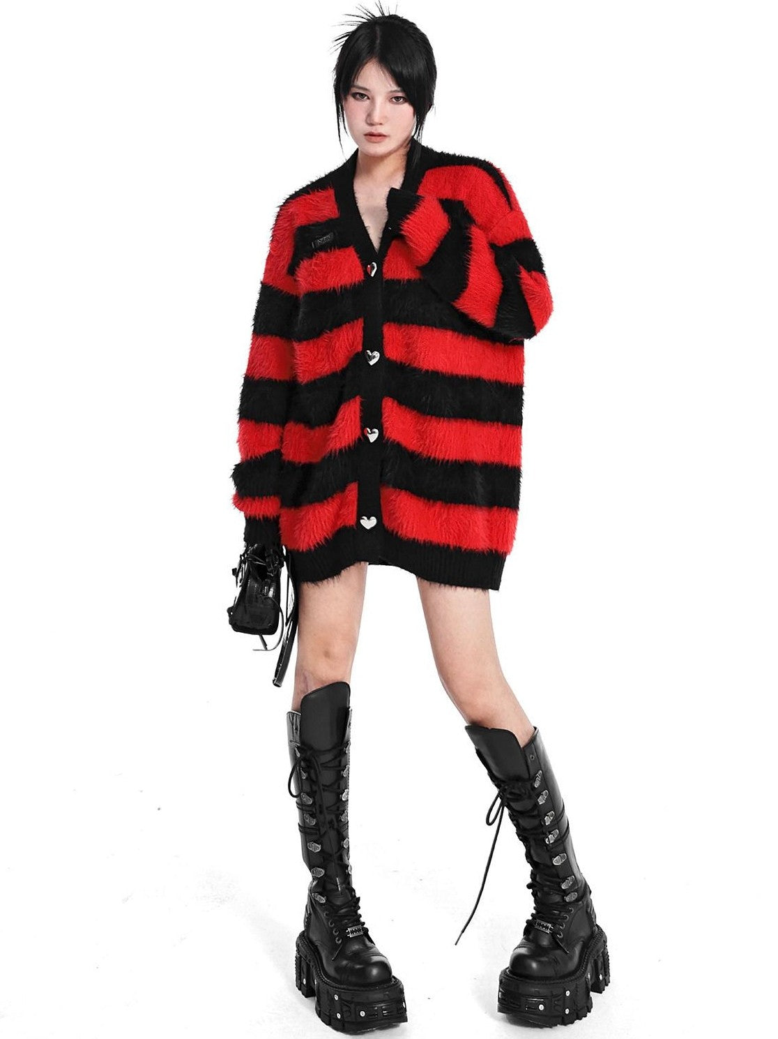 YUBABY Red Black Striped 3d Heart Metal Button Punk Women's Acrylic Blend Cardigans