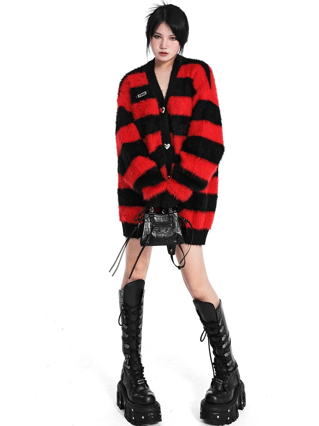 YUBABY Red Black Striped 3d Heart Metal Button Punk Women's Acrylic Blend Cardigans