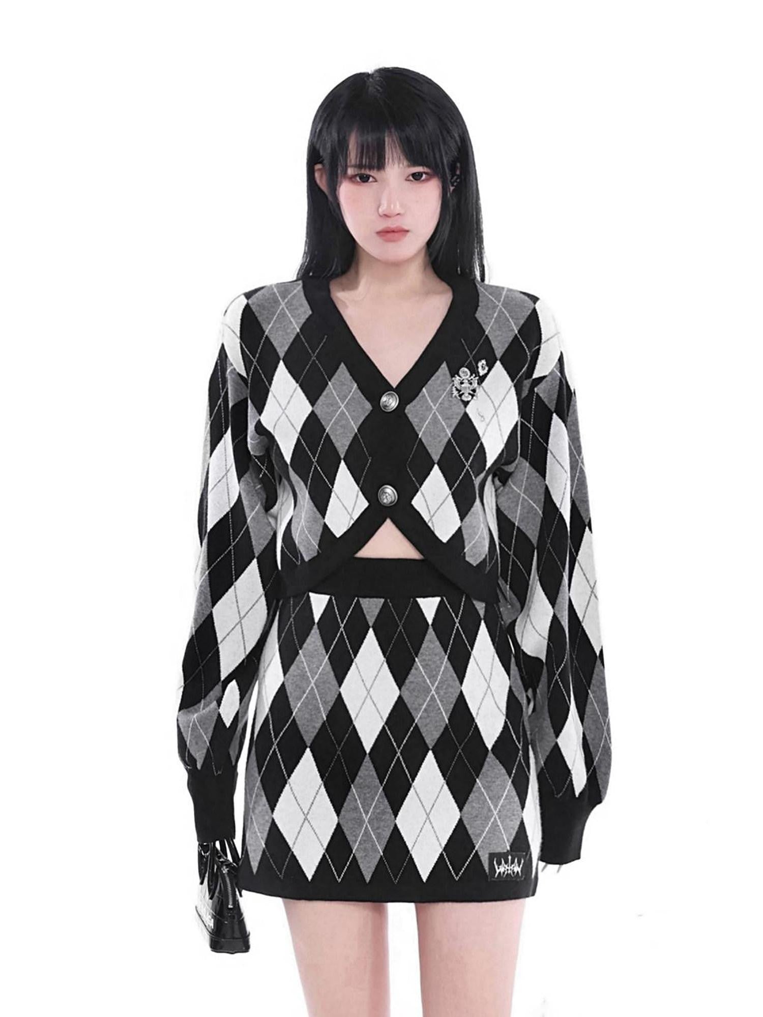 YUBABY Retro Argyle Collegiate Slimming A Line Women's Knitted Mini Skirts