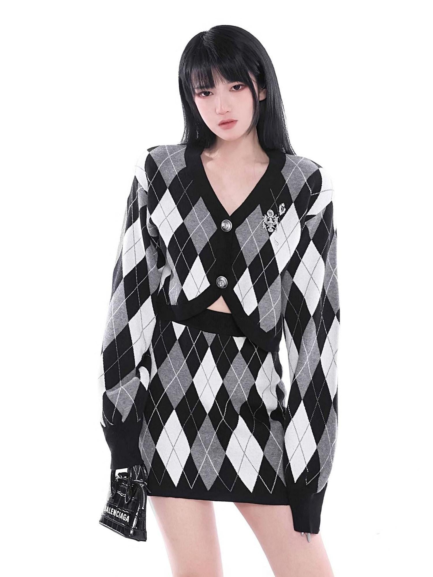 YUBABY Retro Argyle Collegiate Slimming A Line Women's Knitted Mini Skirts
