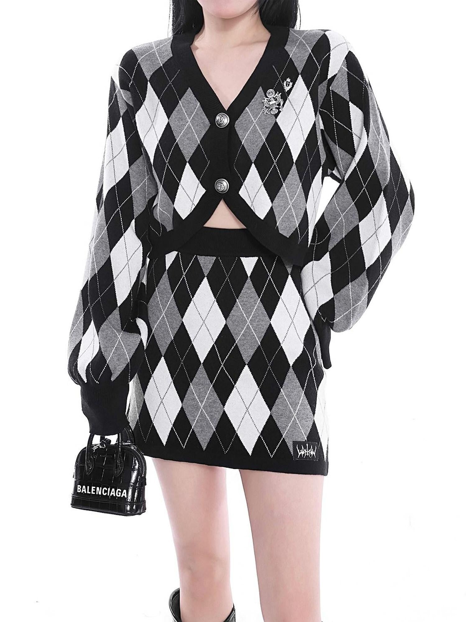 YUBABY Retro Argyle Collegiate Slimming A Line Women's Knitted Mini Skirts