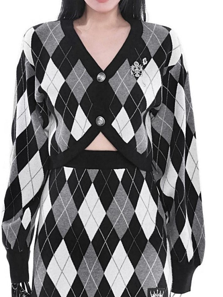 YUBABY Retro Argyle Collegiate Slimming A Line Women's Knitted Mini Skirts