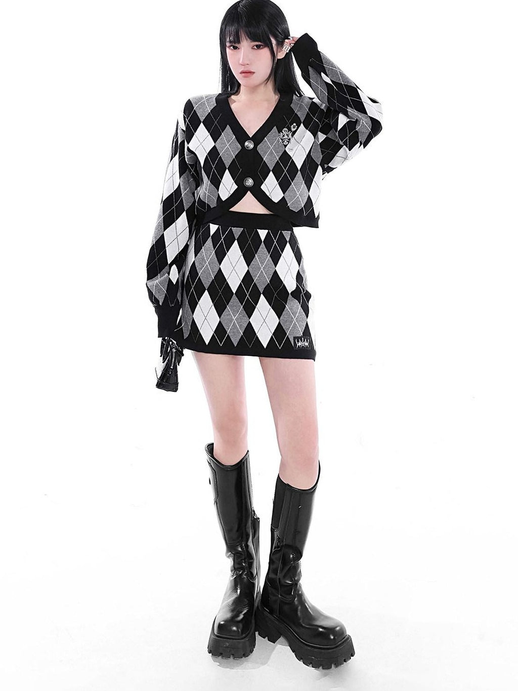 YUBABY Retro Argyle Collegiate Slimming A Line Women's Knitted Mini Skirts