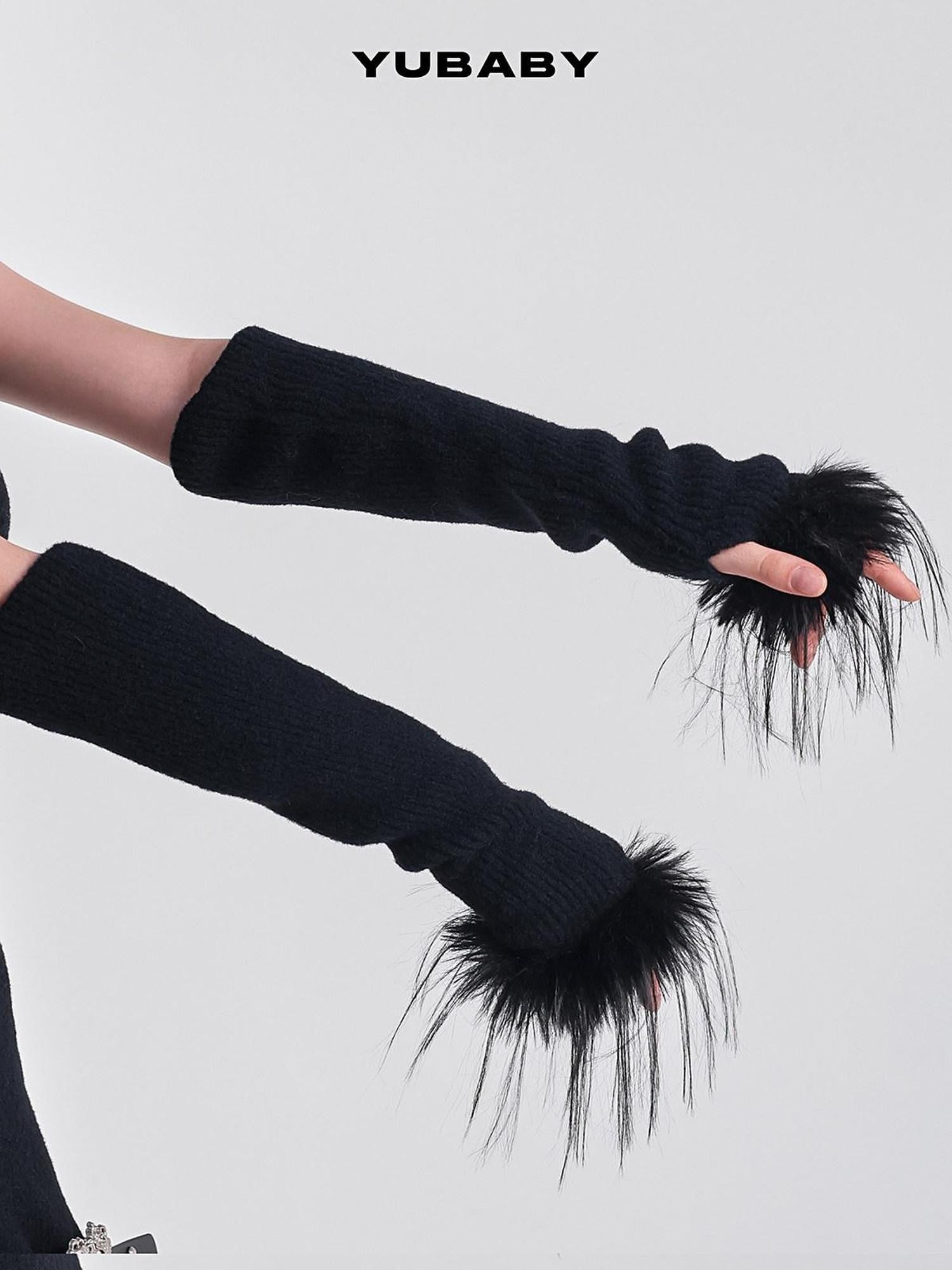 YUBABY Retro Half Finger Furry Trim Arm Warmers Women's Plush Knit Gloves & Mittens