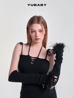 YUBABY Retro Half Finger Furry Trim Arm Warmers Women's Plush Knit Gloves & Mittens