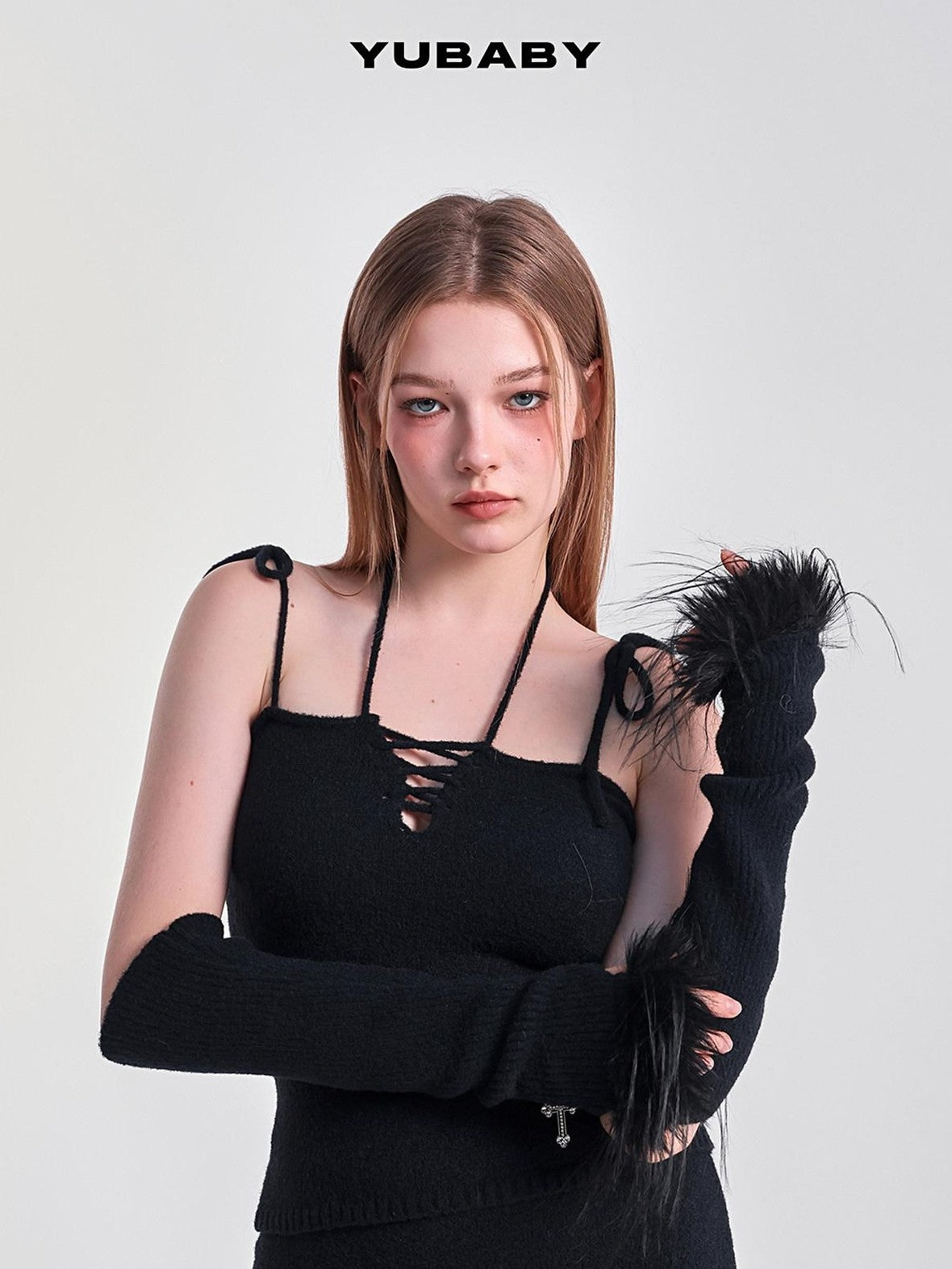 YUBABY Retro Half Finger Furry Trim Arm Warmers Women's Plush Knit Gloves & Mittens