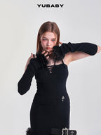 YUBABY Retro Half Finger Furry Trim Arm Warmers Women's Plush Knit Gloves & Mittens