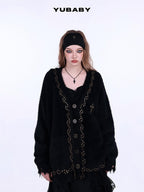 YUBABY Retro Studded Lace Trim Gothic Cross Distressed Women's Acrylic Blend Sweaters