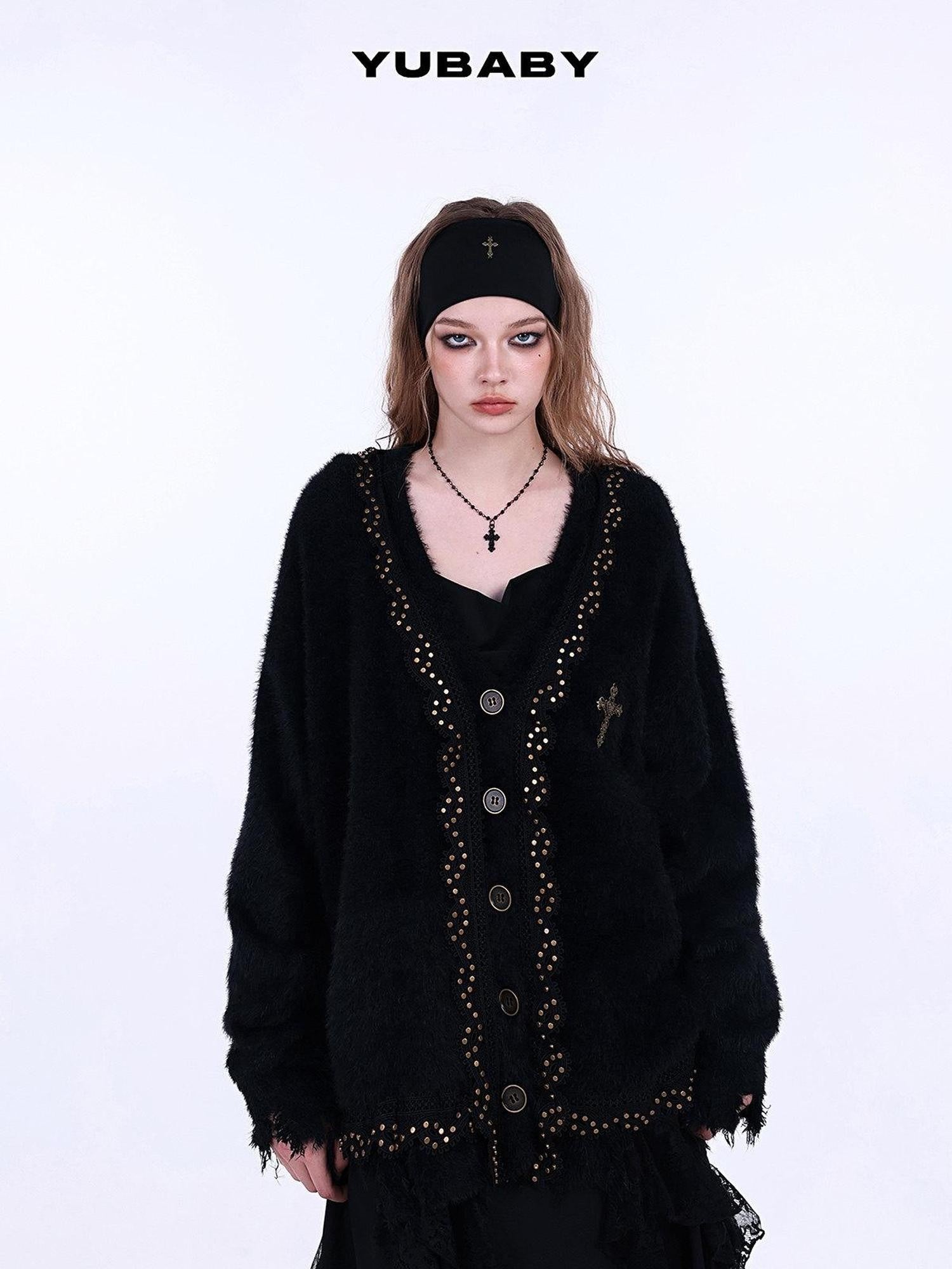 YUBABY Retro Studded Lace Trim Gothic Cross Distressed Women's Acrylic Blend Sweaters
