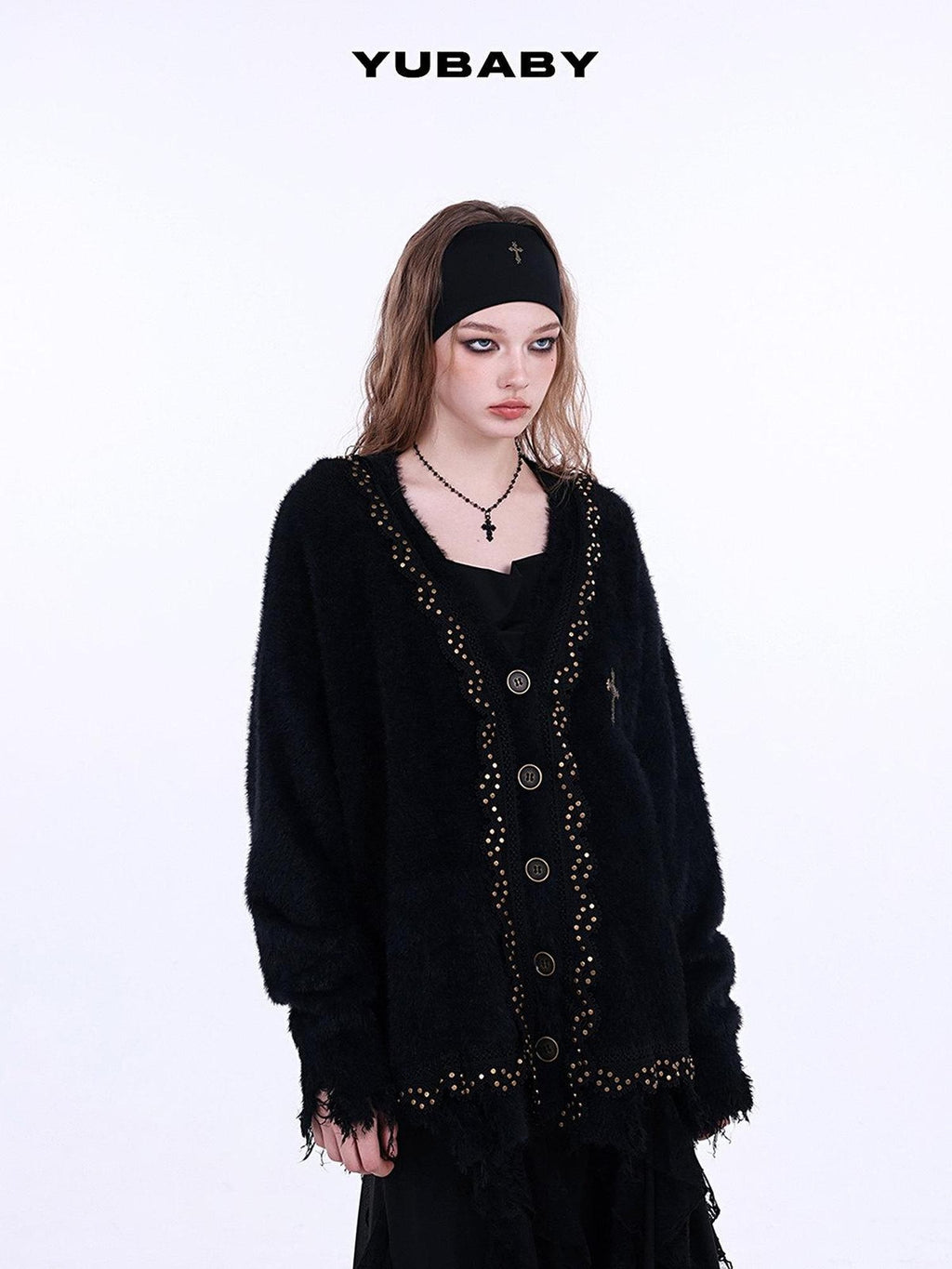 YUBABY Retro Studded Lace Trim Gothic Cross Distressed Women's Acrylic Blend Sweaters