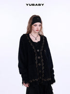 YUBABY Retro Studded Lace Trim Gothic Cross Distressed Women's Acrylic Blend Sweaters