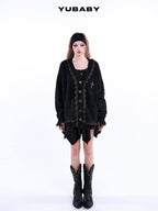 YUBABY Retro Studded Lace Trim Gothic Cross Distressed Women's Acrylic Blend Sweaters