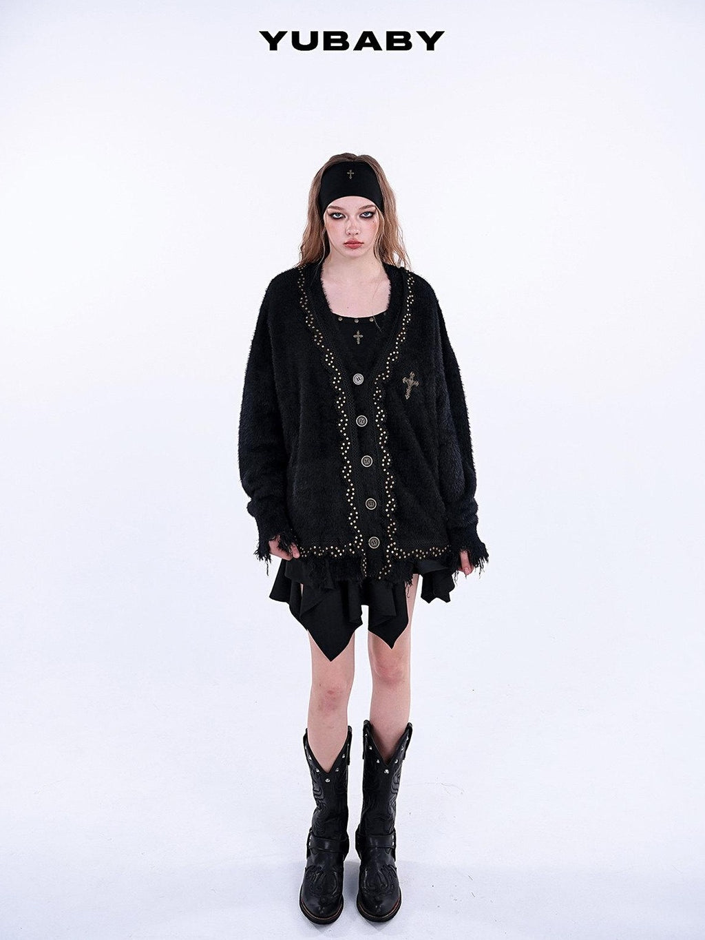 YUBABY Retro Studded Lace Trim Gothic Cross Distressed Women's Acrylic Blend Sweaters