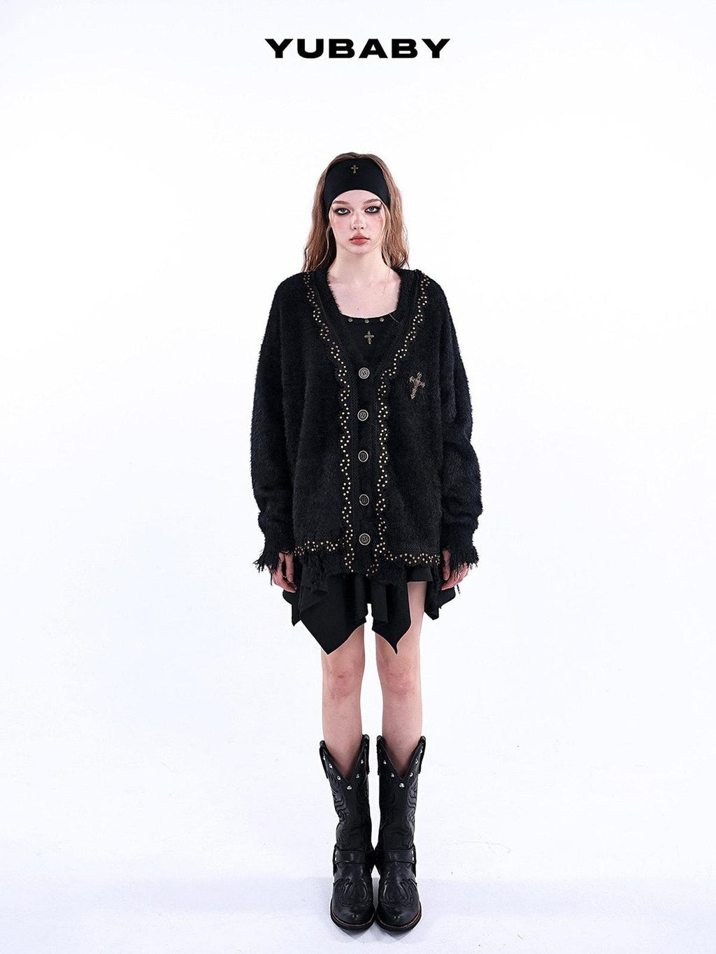 YUBABY Retro Studded Lace Trim Gothic Cross Distressed Women's Acrylic Blend Sweaters